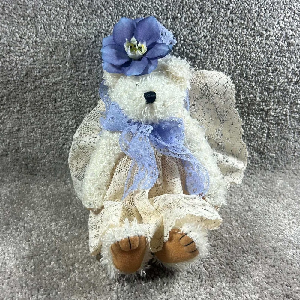 Plush Teddy Bear Cream Blue Lace Dress Victorian Floral Headpiece